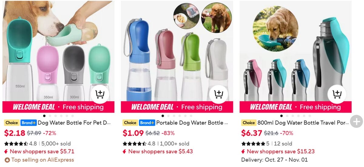 AliExpress listings for portable dog water bottles with built-in drinking bowls in different sizes