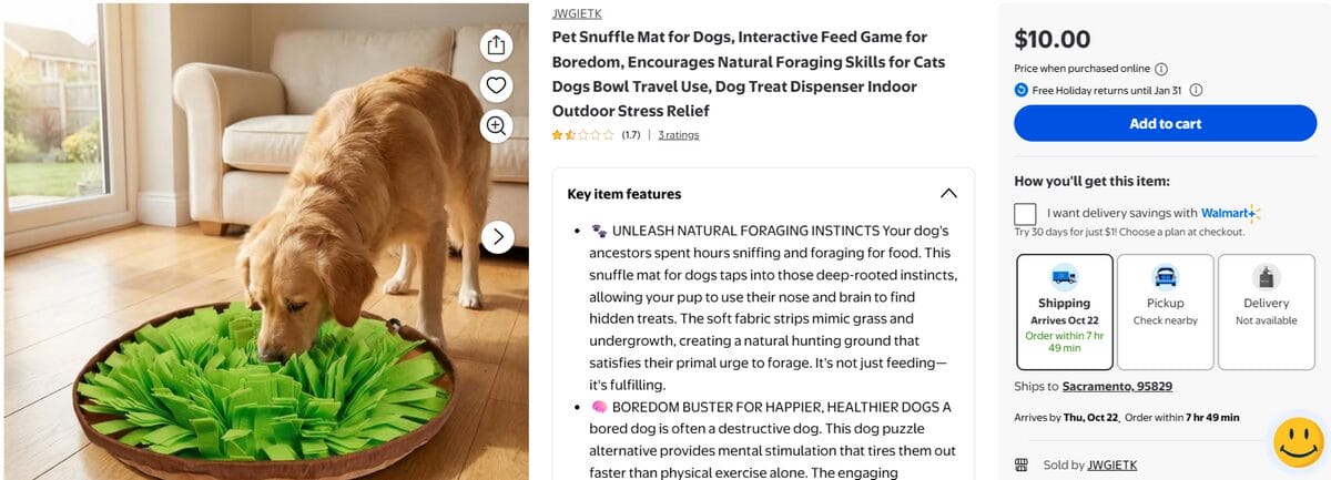Walmart product page of a dog snuffle mat