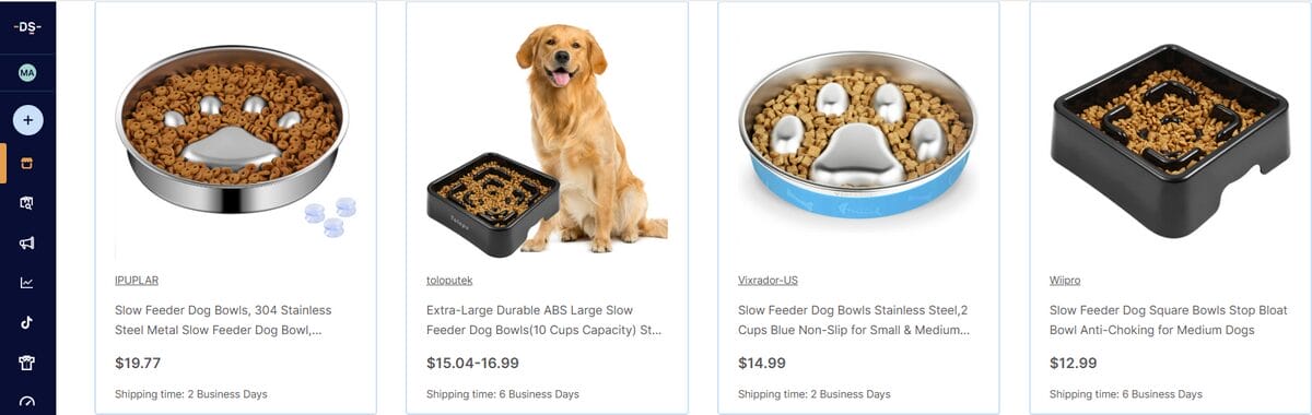 AutoDS Marketplace listings for round and square slow feeder dog bowls filled with dry food