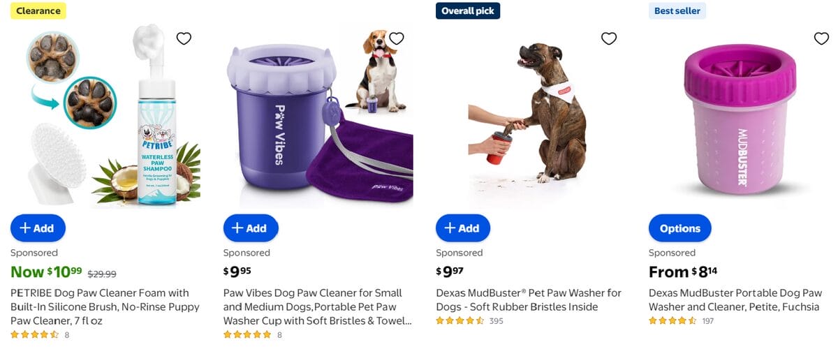 Walmart listings for portable dog paw cleaners with brushes and soft rubber bristles