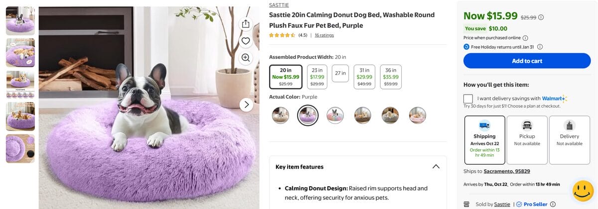 Walmart listing showing a French bulldog resting on a round purple plush dog bed