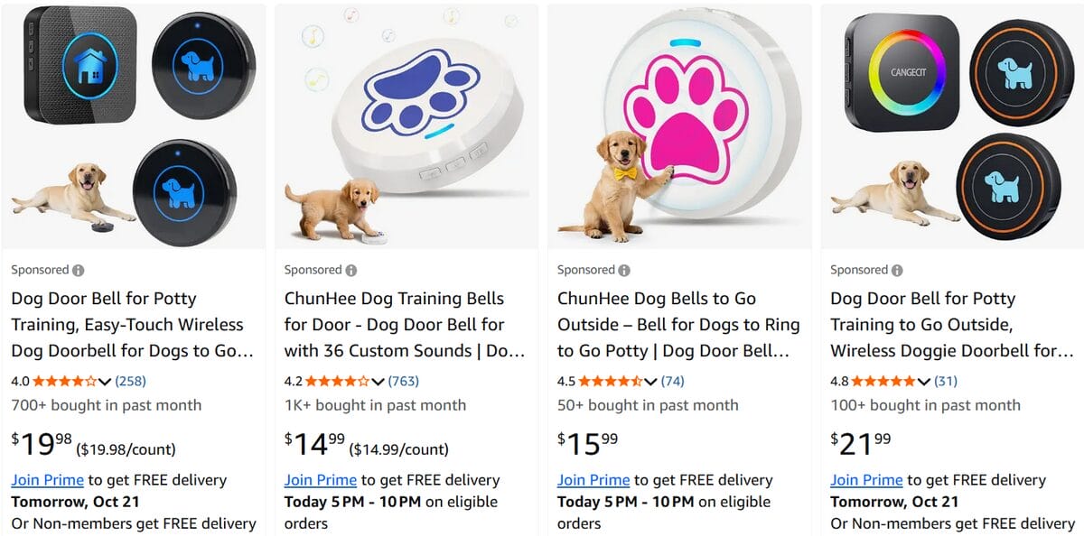 Amazon listings for wireless dog doorbells designed for potty training
