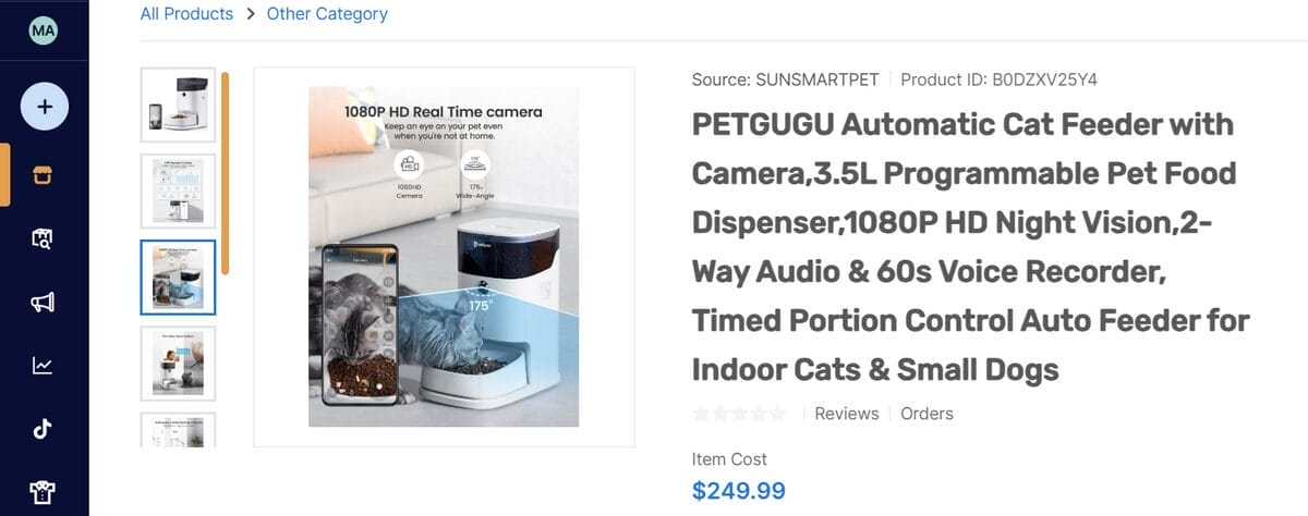 Automatic cat feeder with a camera product page on AutoDS