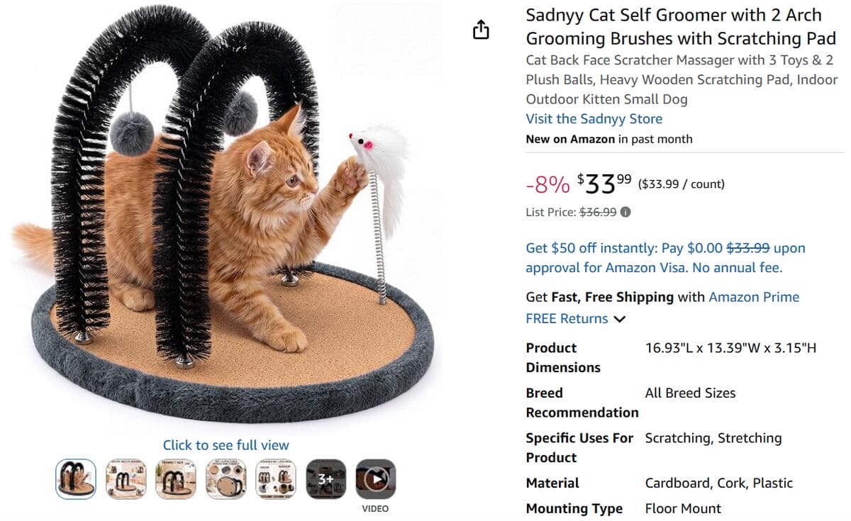 Amazon listing for a cat self-grooming station with two arched brushes