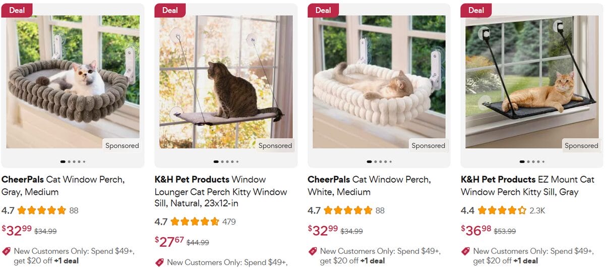 Listings for window-mounted cat perches and hammocks on Chewy