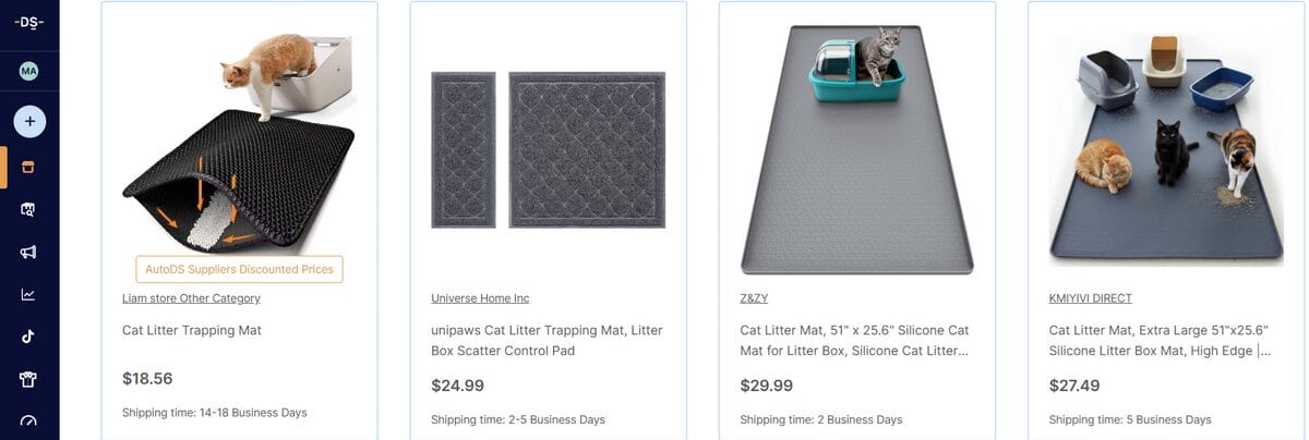 AutoDS marketplace pet listings for cat litter trapping mats in different sizes and materials