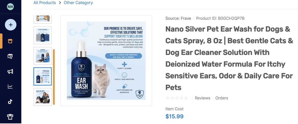 AutoDS marketplace listing for a pet ear wash spray for dogs and cats