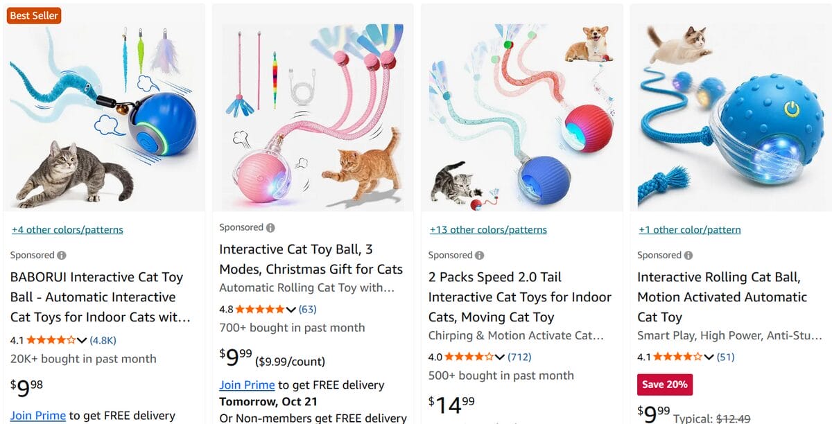 Listings for automatic rolling cat balls with tails and feather attachments on Amazon