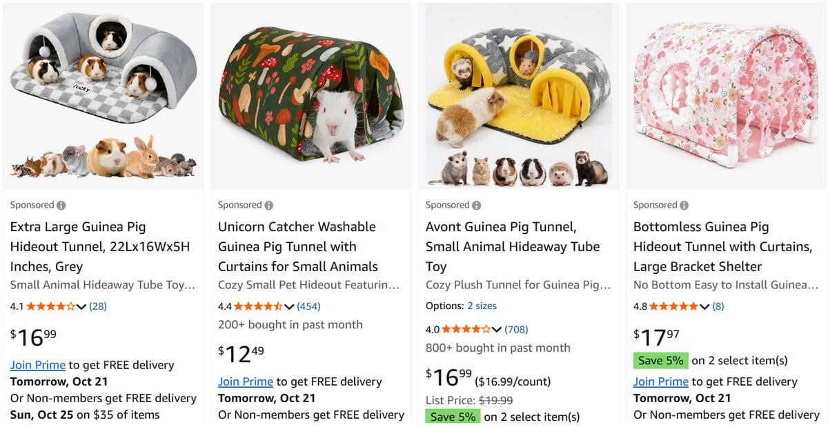 Amazon listings for soft guinea pig hideout tunnels in different colors and designs