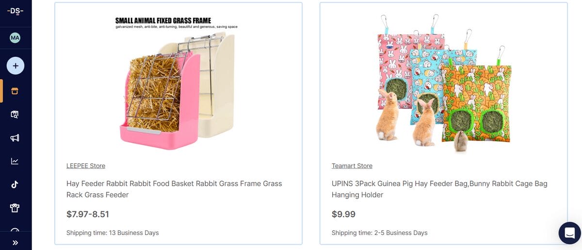 AutoDS marketplace listings for a rabbit hay rack and hay feeder bags