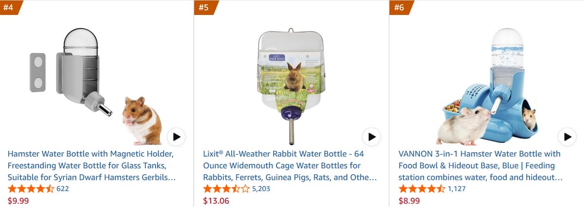 Small pet water bottles and feeding stations for hamsters and rabbits on Amazon