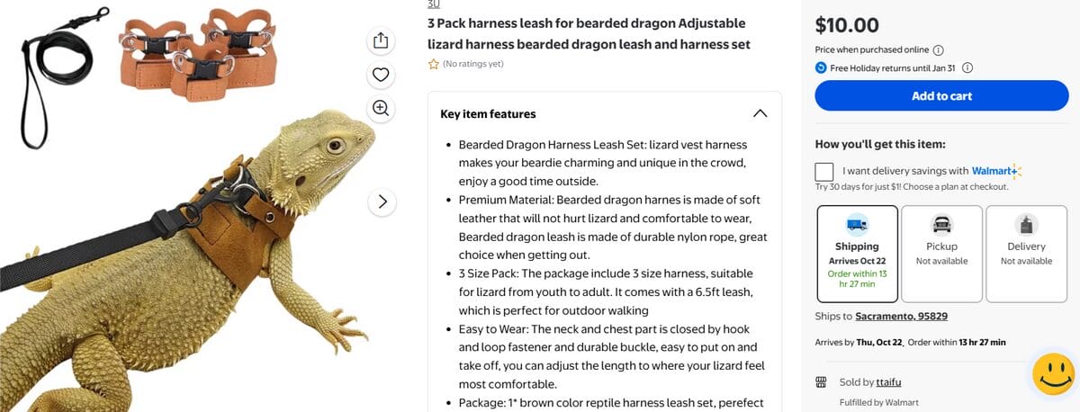 Walmart listing for a adjustable reptile harness and leash worn by a bearded dragon
