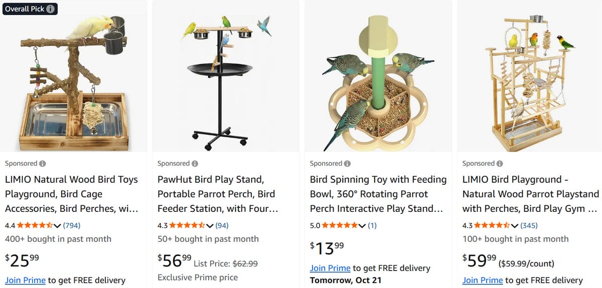 Catalog of bird perch stands and playgrounds listed on Amazon