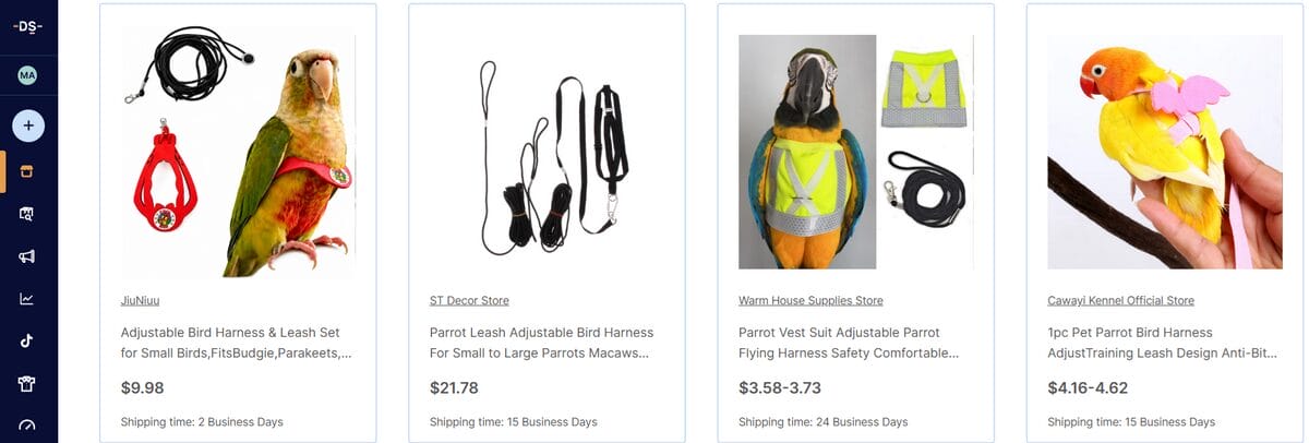 AutoDS marketplace listings for adjustable bird harnesses and leashes in different styles