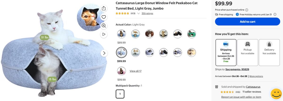 Walmart product page for a large gray felt cat tunnel bed with two cats resting on it