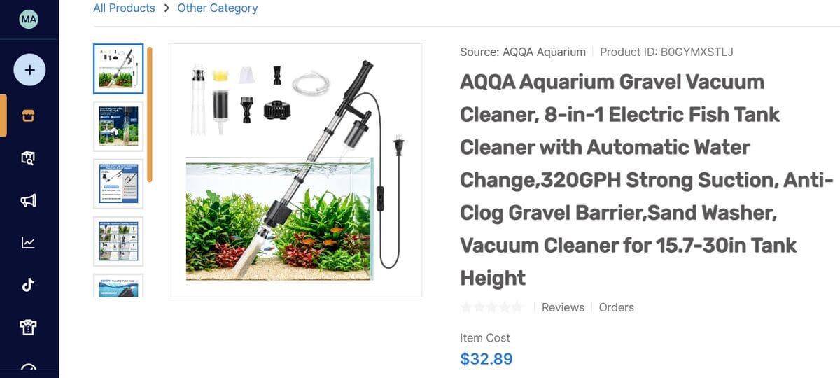 AutoDS marketplace listing for an electric aquarium gravel vacuum cleaning a planted fish tank