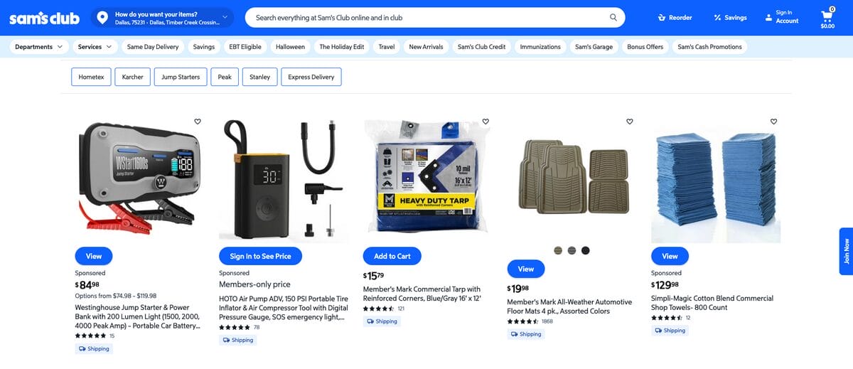 Sam's Club, one of the best suppliers for auto parts dropshipping and car accessories