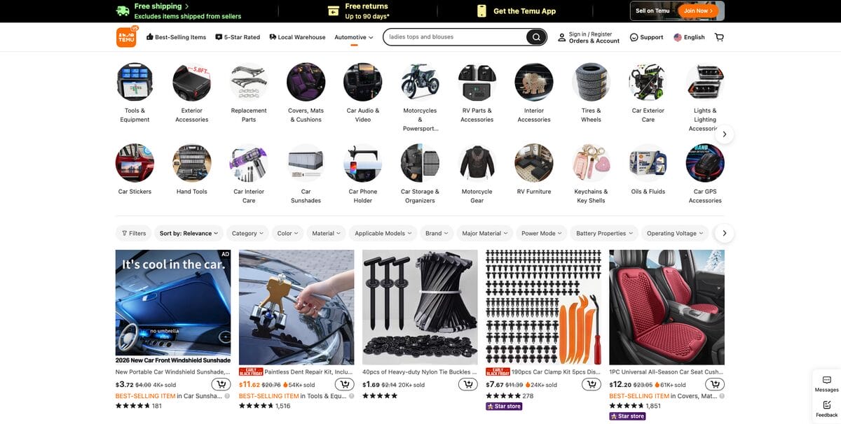 Temu, one of the best suppliers for auto parts dropshipping and car accessories