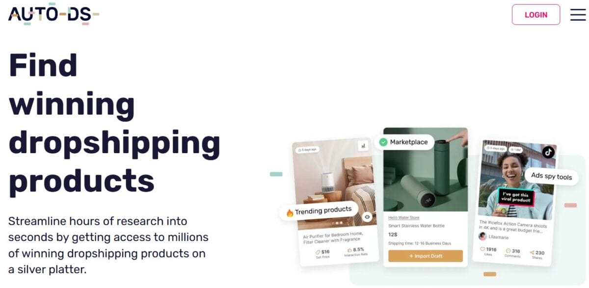 AutoDS page showcasing tools for finding trending and winning dropshipping products