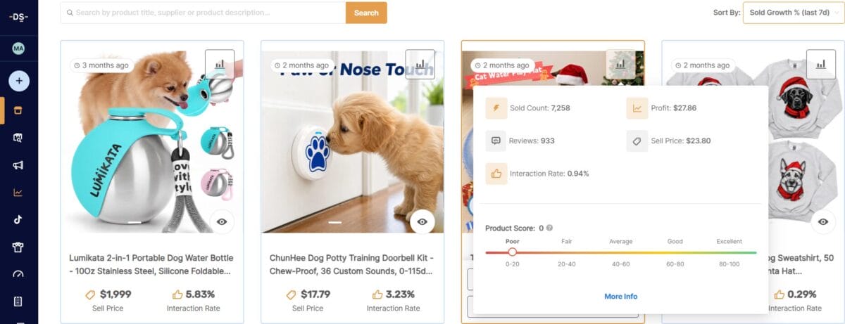 AutoDS trending products dashboard displaying trending products with prices and interaction rates