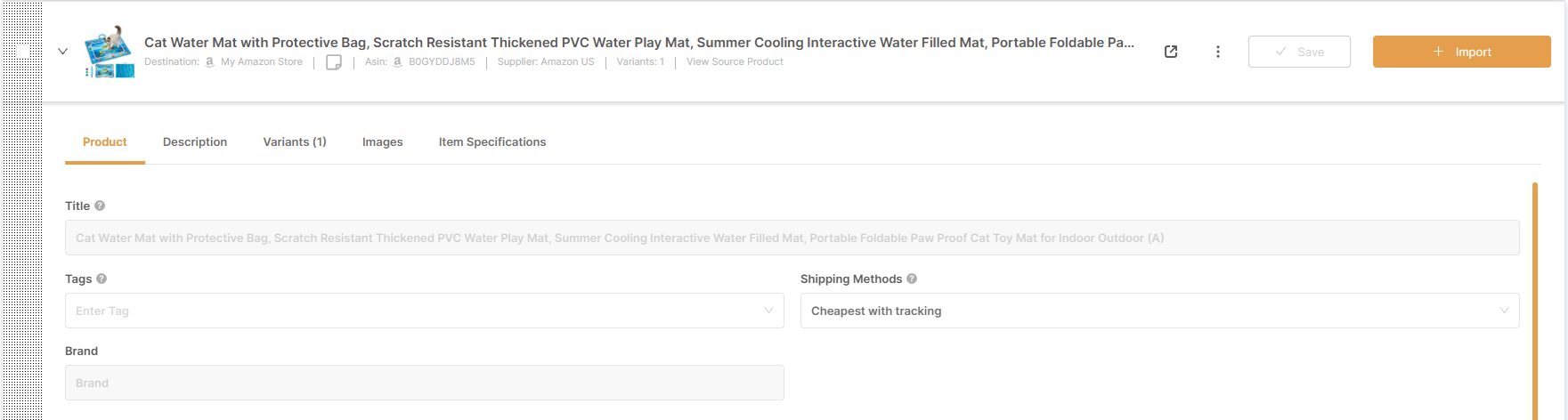 AutoDS product import draft page for a cat water play mat with product and shipping fields