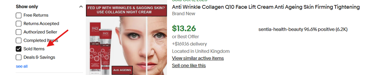 eBay search results filtered