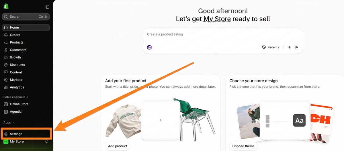 Shopify admin dashboard with the Settings option highlighted for configuring a dropshipping store