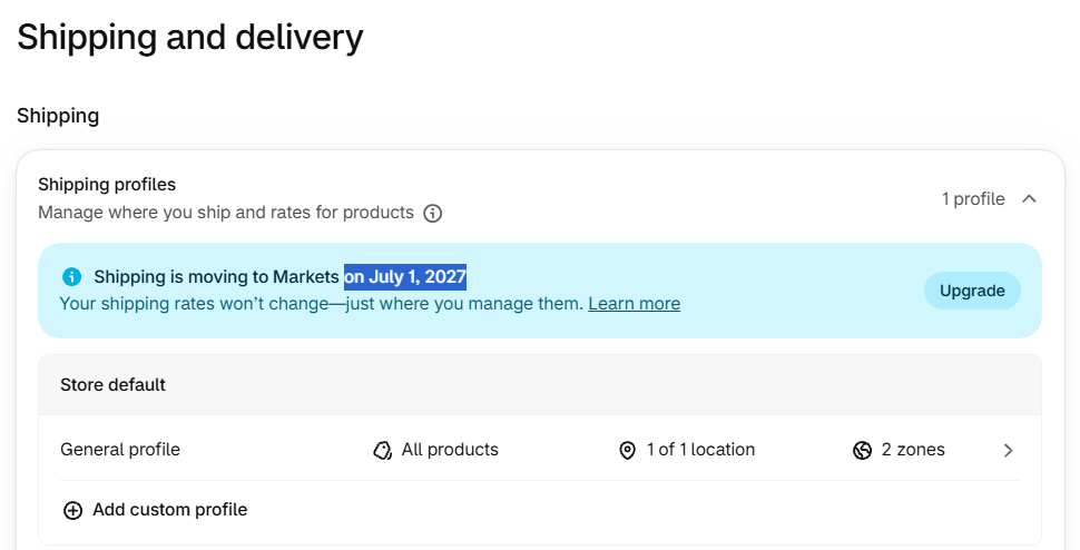 Shopify Shipping and delivery settings showing the store’s default shipping profile and shipping zones
