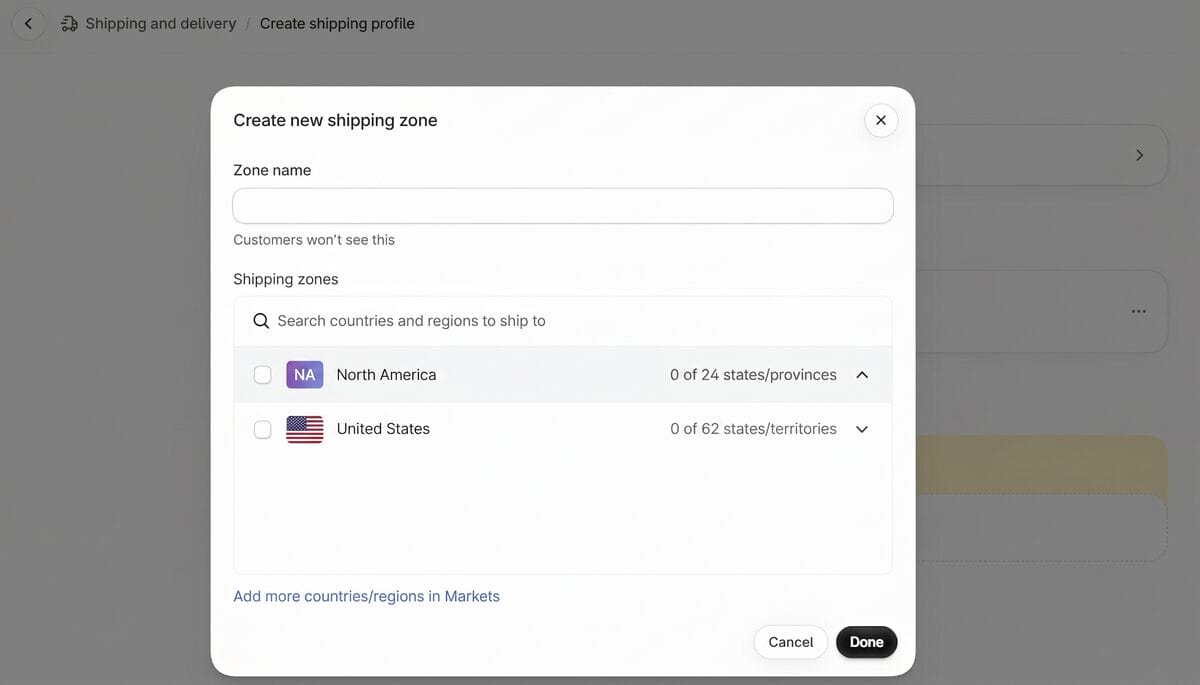 Shopify window for creating a new shipping zone and selecting countries or regions for delivery
