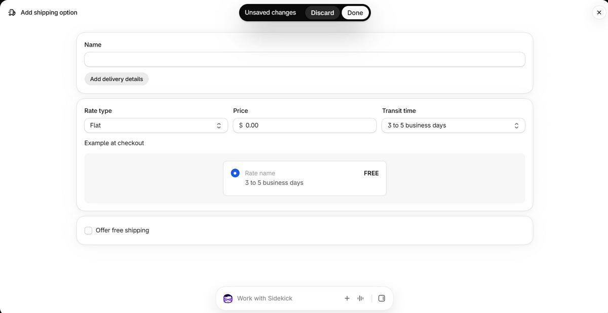 Shopify form for adding a shipping option with rate type, price, and transit time settings