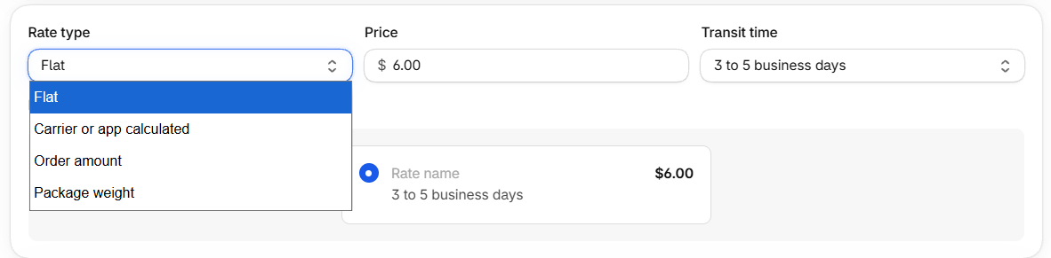 Shopify shipping rate settings showing flat, carrier-calculated, order amount, and package weight options
