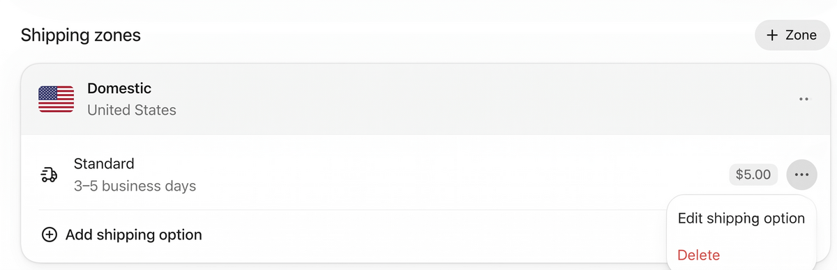 Shopify shipping zone showing a standard shipping rate and options to edit or delete it