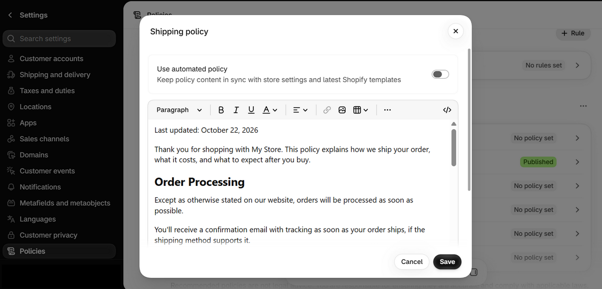 Shopify shipping policy editor for adding order processing and shipping information to an online store