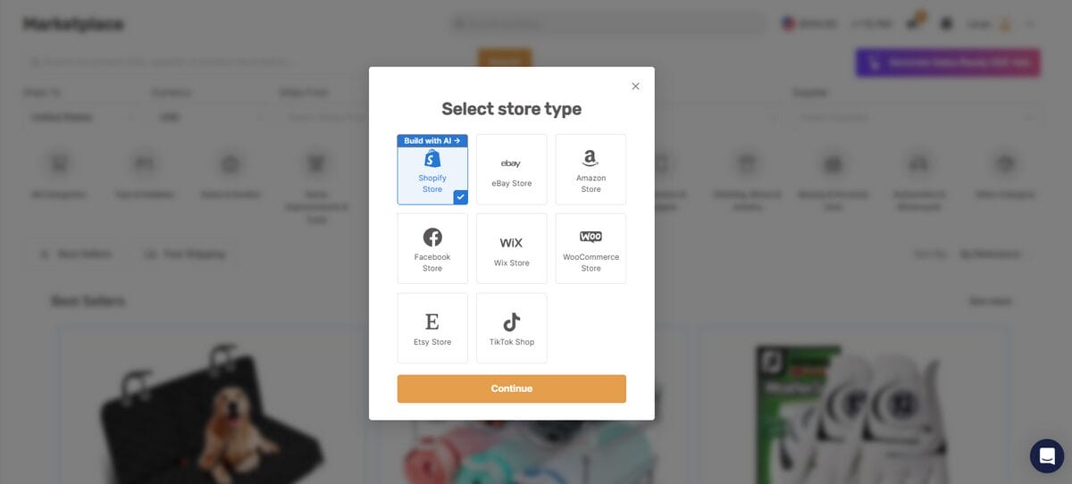 AutoDS store selection window with Shopify Store selected and the Build with AI option