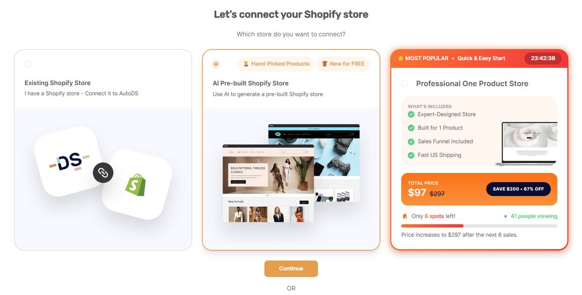 AutoDS Shopify connection page with the AI pre-built Shopify store option selected