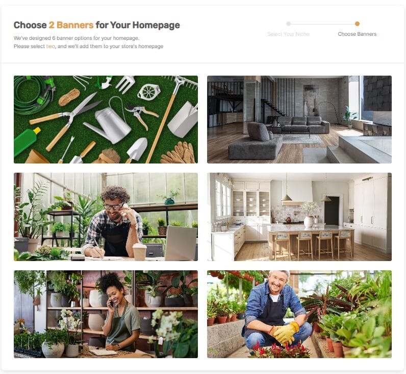 AutoDS AI Store Builder displaying homepage banner options for a home and garden Shopify store