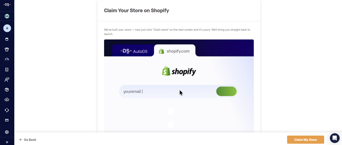 AutoDS AI Store Builder page prompting the user to claim the newly generated Shopify store