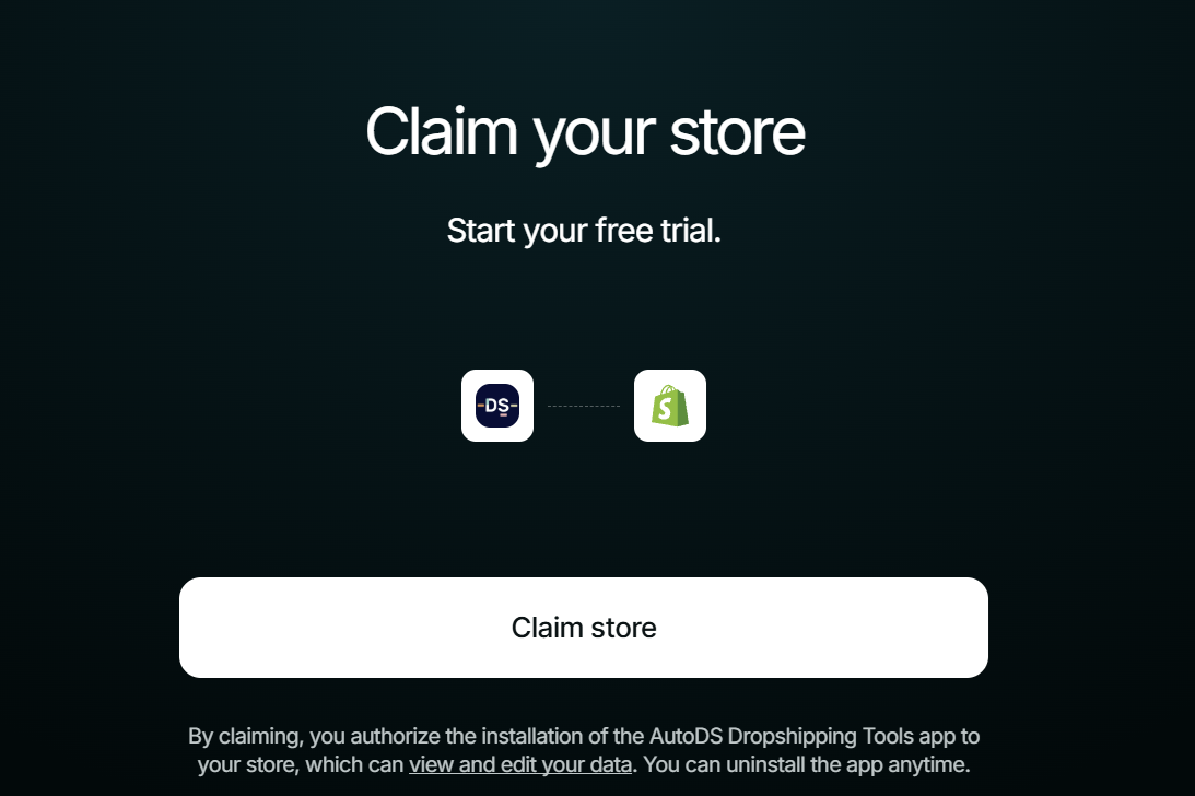 Shopify claim store page connecting AutoDS Dropshipping Tools with a newly generated Shopify store