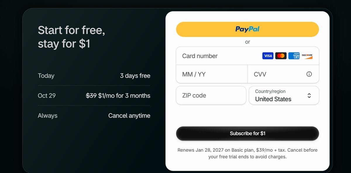 Shopify subscription checkout page with PayPal and card payment options for activating the store