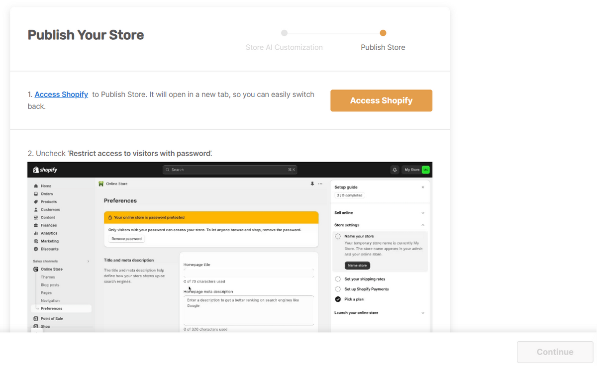 AutoDS Publish Your Store page with instructions for accessing Shopify and removing password protection