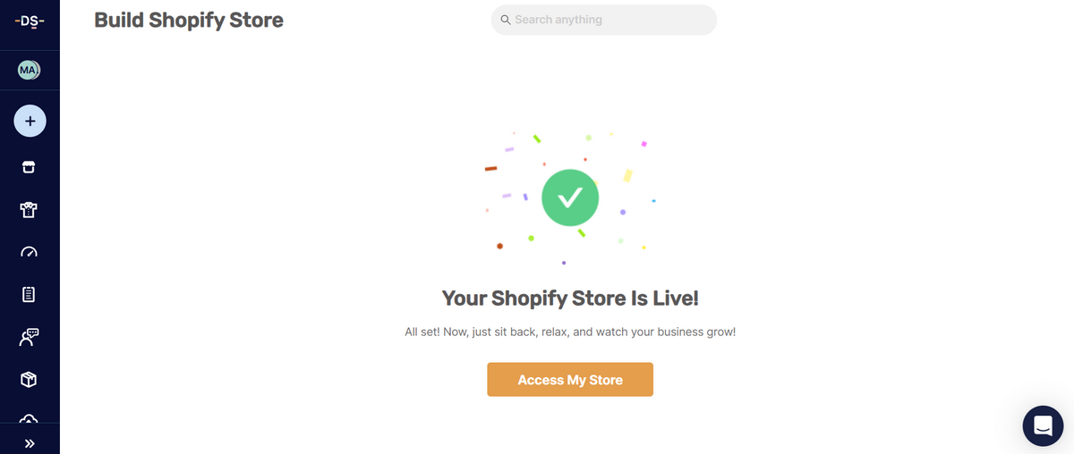 AutoDS confirmation page indicating that the AI-built Shopify store is live and ready to access