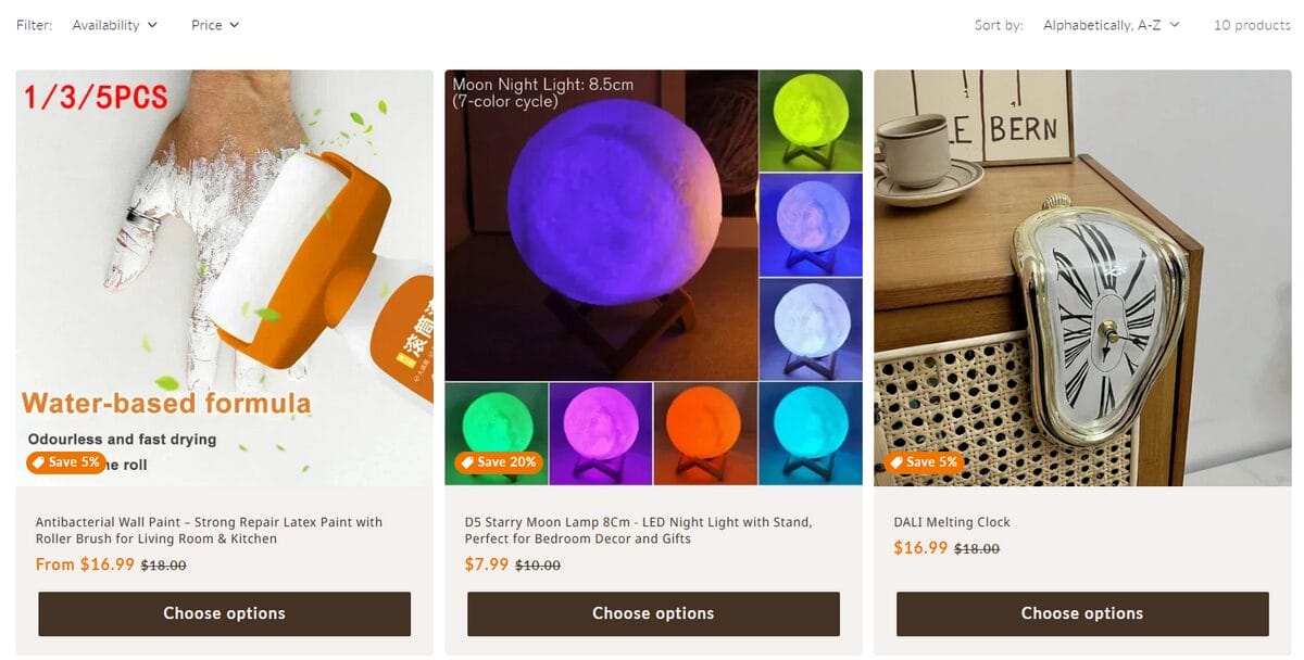 AI-built Shopify store catalog displaying imported home and garden products with prices and discounts