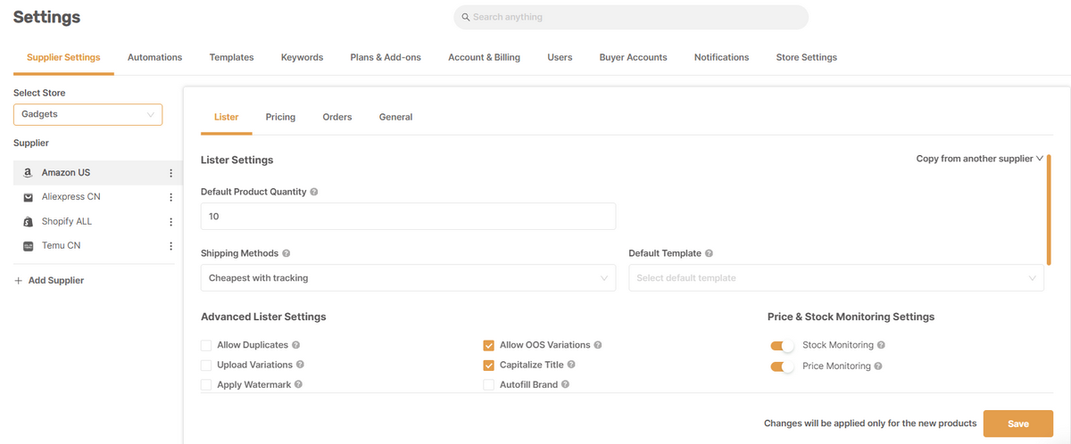 AutoDS supplier settings dashboard with shipping methods, product quantity, and price and stock monitoring options