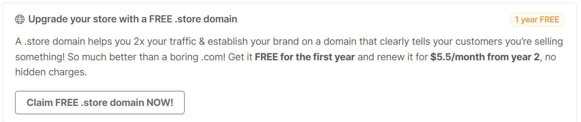 AutoDS domain offer providing a free store domain for the first year for a Shopify store