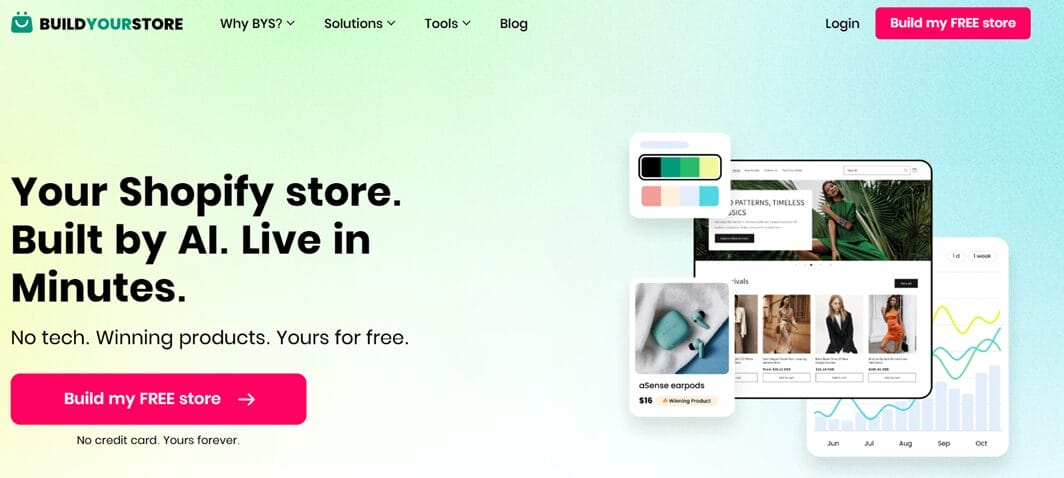 BuildYourStore AI Shopify store builder homepage