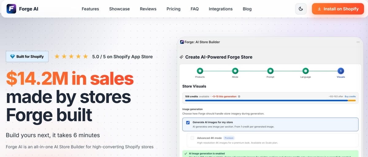 Forge AI Store Builder for Shopify website with AI-generated store visuals and customization options