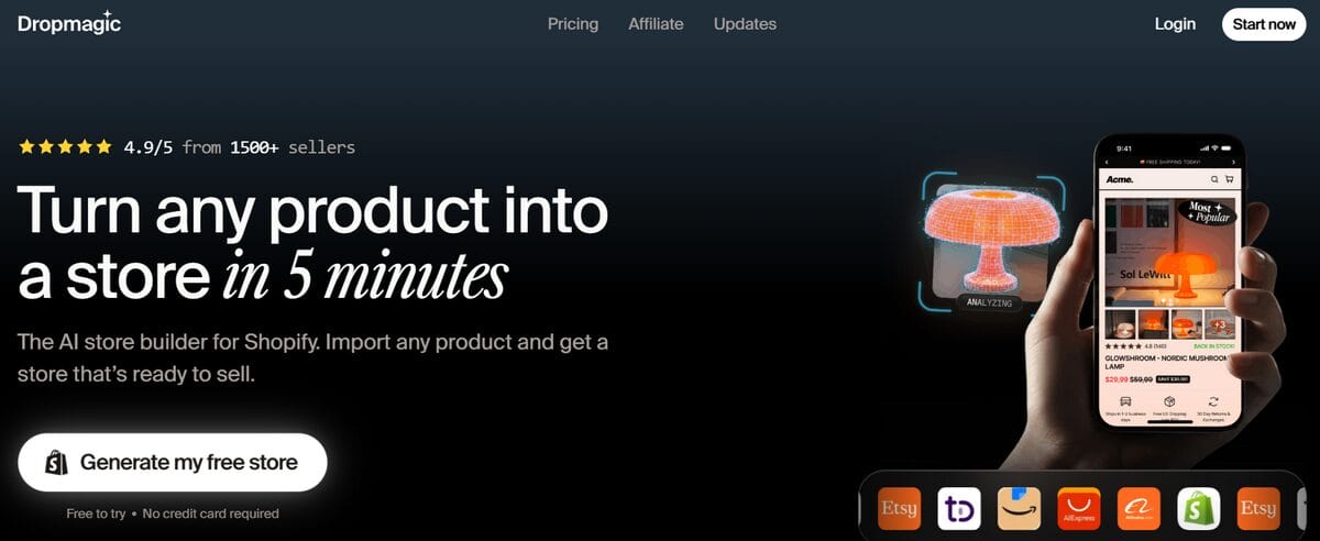 Dropmagic homepage with an AI-generated Shopify product store on a mobile screen