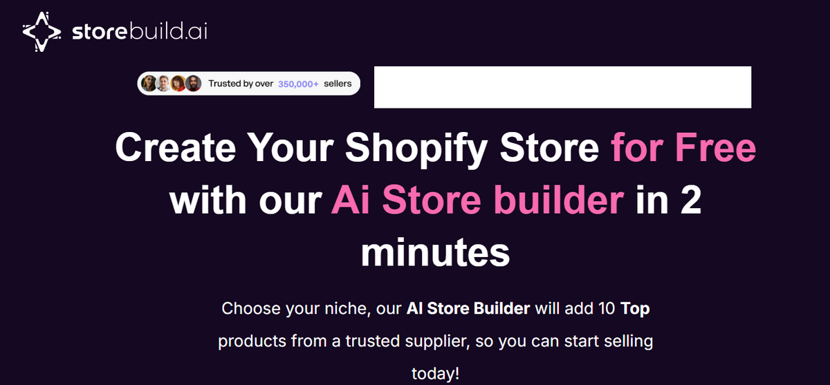Storebuild AI homepage promoting a free Shopify store builder
