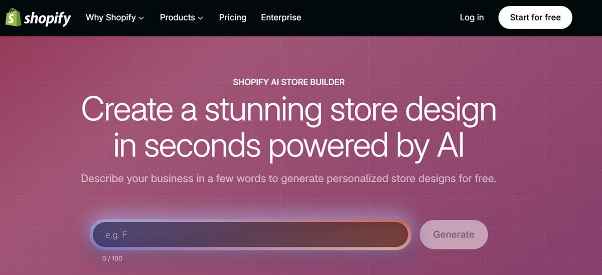 Shopify AI Store Builder page with a prompt field for store designs