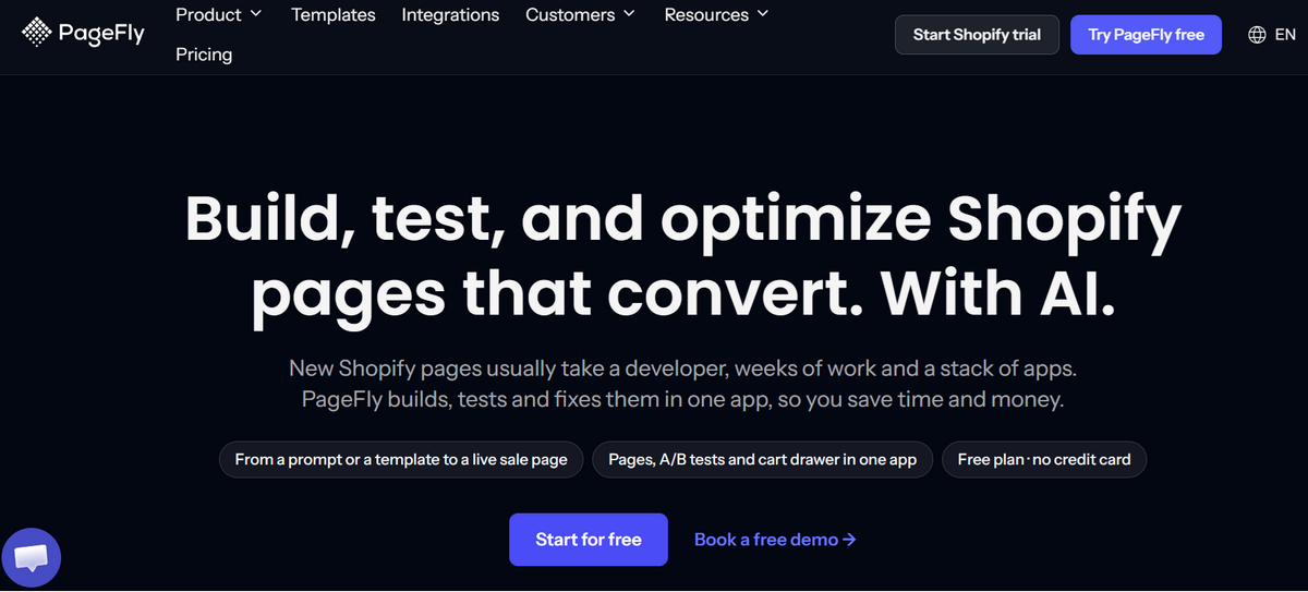 PageFly homepage promoting AI tools for building and optimizing Shopify pages